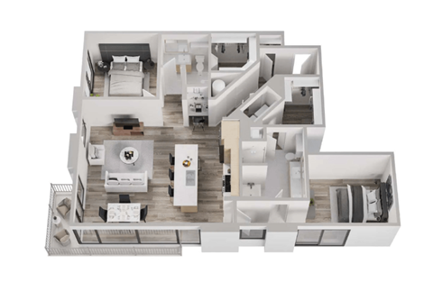 a 3d floor plan of a house with a bedroom and a living room